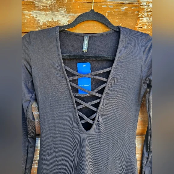 Allegrace Butter Soft Black Bodycon Midi Vneck Caged Strappy Fleece Lined Dress - Picture 4 of 6